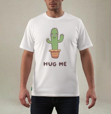 Зелёный улыбающийся кактус просит обниматься Hug Me, Футболка мужская REGULAR белая