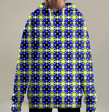 Яркая геометрическая клетка кислотная зеленая в синей клетке, Hoodie Long Oversize 3D