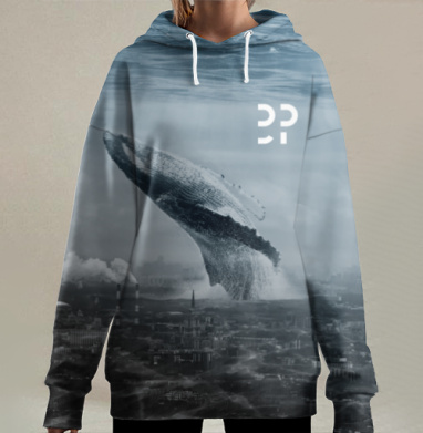 Гигантский кит над затопленным городом, Hoodie Long Oversize 3D