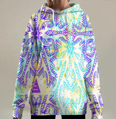 Симметричный абстрактный узор сиреневый голубой жёлтый, Hoodie Long Oversize 3D
