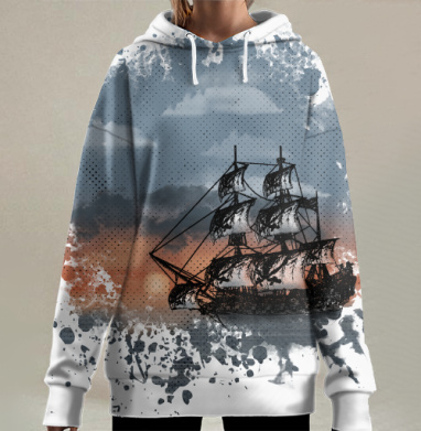Парусник морское путешествие закат море на воде, Hoodie Long Oversize 3D