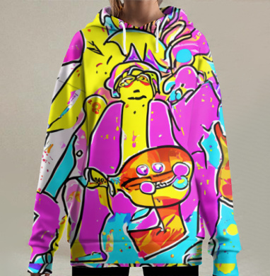 Яркий музыкальный персонаж в розовом костюме с гитарой, Hoodie Long Oversize 3D
