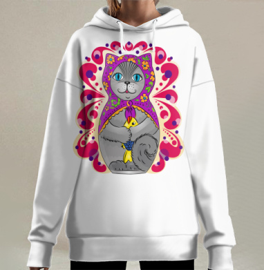 Серая кошка матрёшка держит рыбу, Hoodie Long Oversize 3D