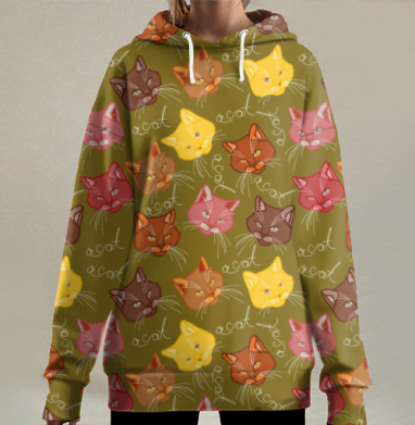 Цветной узор с кошками на зеленом фоне с кошками, Hoodie Long Oversize 3D