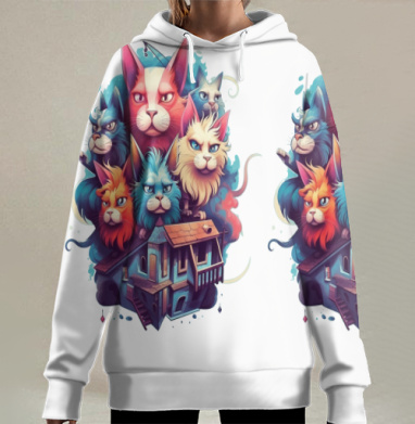 Большие цветные головы кошек над домом большую часть, Hoodie Long Oversize 3D