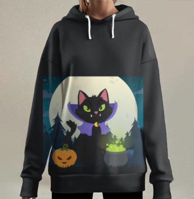 Черный Кот Колдун Сиреневая Мантия Хэллоуин ночь, Hoodie Long Oversize 3D