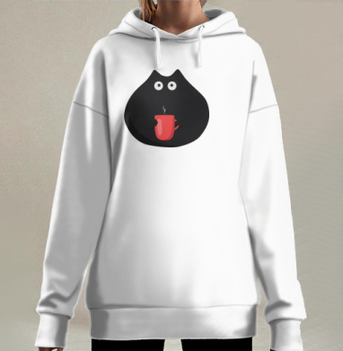 Черный милый кот пьет горячий напиток чашку, Hoodie Long Oversize 3D