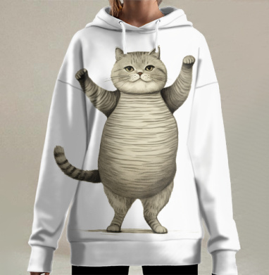 Веселый толстый кот с поднятыми лапками для настроения, Hoodie Long Oversize 3D
