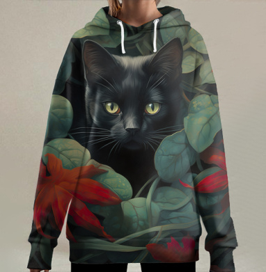 Кот в зеленой листве с красными листьями Кот в листве, Hoodie Long Oversize 3D