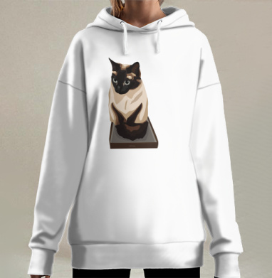 Реалистичный сиамский кот в коробке уютное спокойное настроение, Hoodie Long Oversize 3D