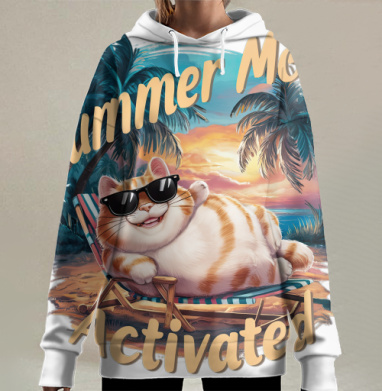 Летний режим кот расслабляется на пляже летний режим, Hoodie Long Oversize 3D