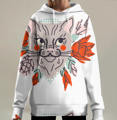 Серая кошка в красных пионах и розах с листьями, Hoodie Long Oversize 3D