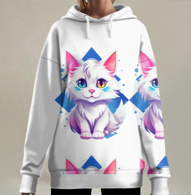 Милая белая кошка с разными глазами и яркими оттенками на фоне, Hoodie Long Oversize 3D