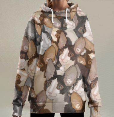 Коричнево белый кот с большими ушами и выразительными глазами, Hoodie Long Oversize 3D