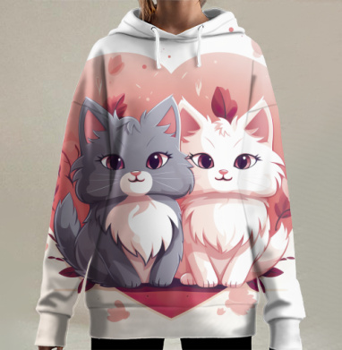 Милые Кошки Серый Белый На Бордовом фоне, Hoodie Long Oversize 3D
