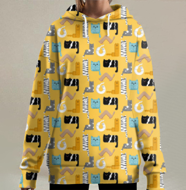 Геометрические кошки Горчичный голубой черный, Hoodie Long Oversize 3D