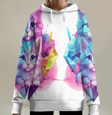 Голубые котята с кристаллами в ярких оттенках, Hoodie Long Oversize 3D
