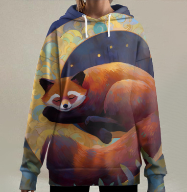 Красная панда отдыхает на волшебной луне под звёздами, Hoodie Long Oversize 3D