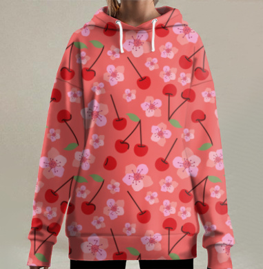 Яркая вишня и цветы сакуры нежное весеннее настроение, Hoodie Long Oversize 3D