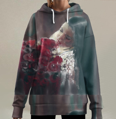 Девушка с красными розами в задумчивом объятии букета, Hoodie Long Oversize 3D