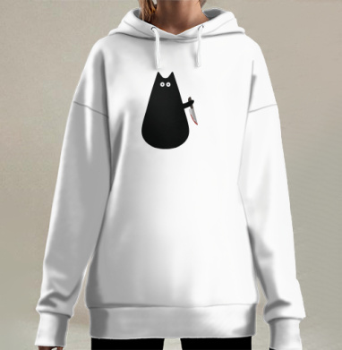 Черный кот с ножом и каплей крови, Hoodie Long Oversize 3D