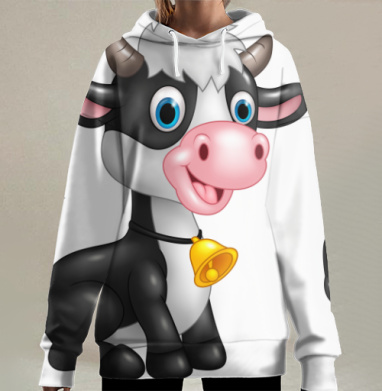 Веселая мультяшная корова с колокольчиком сидит, Hoodie Long Oversize 3D