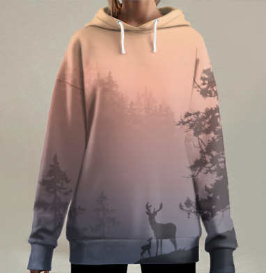 Семейная сцена дикой природы на закате, Hoodie Long Oversize 3D