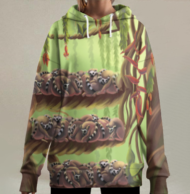 Уютные лемуры в детской иллюстрации, Hoodie Long Oversize 3D