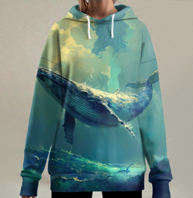 Летающий кит среди сияющего океана и облаков, Hoodie Long Oversize 3D