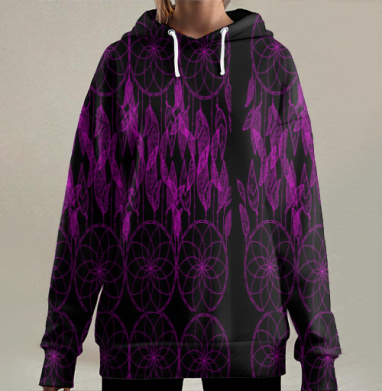 Черные ловцы снов с неоново розовыми перьями и деталями, Hoodie Long Oversize 3D