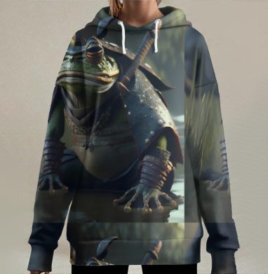 Лягушка самурай в защитных доспехах на камне, Hoodie Long Oversize 3D