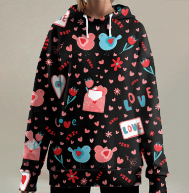 Романтические голуби с письмами и сердцами на чёрном фоне, Hoodie Long Oversize 3D