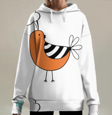 Оранжевая птица думает о голубой птице успешно мечтает мысли, Hoodie Long Oversize 3D