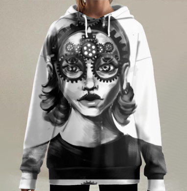 Женщина с часами механизма лице на черно-белом фоне, Hoodie Long Oversize 3D