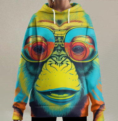 Яркая макака в очках с красочными линзами, Hoodie Long Oversize 3D