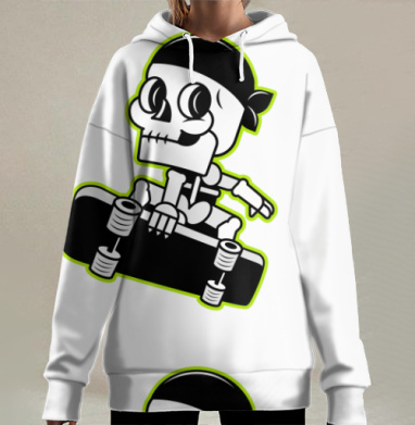 Скелет на скейтборде яркий молодежный активный стиль, Hoodie Long Oversize 3D