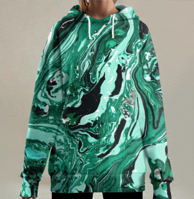 Вихрь зелени и мрамора в абстракте, Hoodie Long Oversize 3D