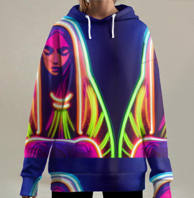 Неоновая женская фигура с сияющим ореолом в позе созерцания, Hoodie Long Oversize 3D