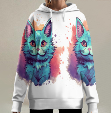 Голубой кот с ярким фоном вокруг, Hoodie Long Oversize 3D