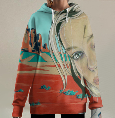 Портрет женщины в пустынном ландшафте на фоне гор, Hoodie Long Oversize 3D