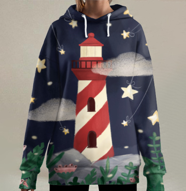 Маяк, притягивающий звезды – символ надежды, Hoodie Long Oversize 3D