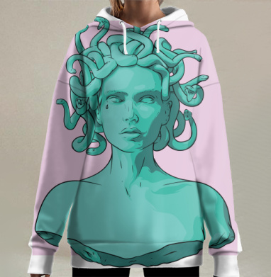 Бирюзовая Медуза с змеями на розовом фоне, Hoodie Long Oversize 3D