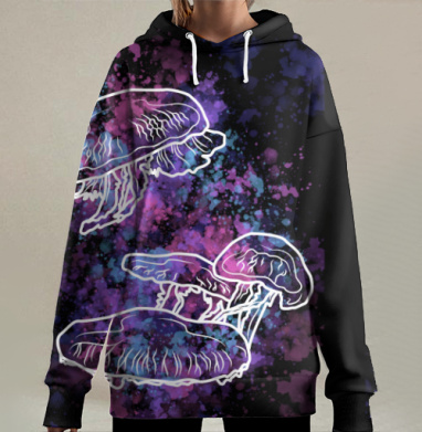 Медузы в океанской глубине на черном фоне, Hoodie Long Oversize 3D