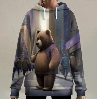 Медведь в мегаполисе городской улице среди прохожих, Hoodie Long Oversize 3D