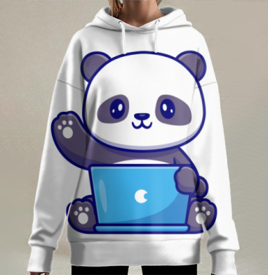 Милая панда с ноутбуком символ дружелюбия и технологий, Hoodie Long Oversize 3D