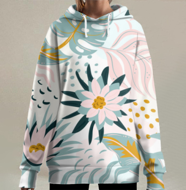 Пастельный бесшовный тропический узор, Hoodie Long Oversize 3D