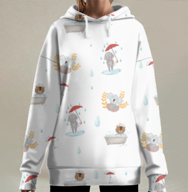 Милые зверята под зонтиками и в ванне на белом фоне, Hoodie Long Oversize 3D
