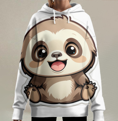 Милый ленивец улыбается радуется мультфильм, Hoodie Long Oversize 3D
