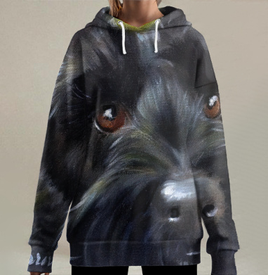 Детальный портрет черного скотч терьера среди полевых милый пес цветы, Hoodie Long Oversize 3D