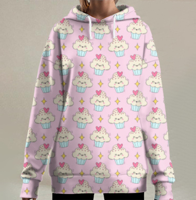 Милый влюбленный кексик с сердечками на розовом фоне, Hoodie Long Oversize 3D